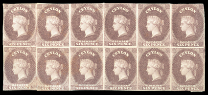 6d. purple-brown on unwatermarked wove paper, a block of twelve [54-5966-71], margins virtually all round, some creases though none significantly affecting
appearance.