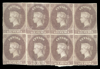6d. purple-brown on unwatermarked paper, a block of eight [173-176185-188] with clear to good margins, each vertical row severed and rejoined, and a rejoined irregular block
of six (strip of three - one with tear at top, vertical pair and a sing