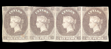 6d. purple-brown on unwatermarked paper, a horizontal strip of four, horizontal pair [138-139], and a vertical pair [150162], all with four margins though all with
crease(s).