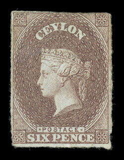 6d. purple-brown with just clear to small margins, a little ragged in places, unused without gum, some very slight discoloration towards upper left, otherwise fine. Sc. 2 S.G.
1, £12,000.