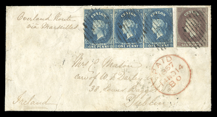 1857 (15 Oct.) envelope to Dublin, marked Overland Route via Marseilles, bearing 6d. purple-brown (small to large margins showing portion of adjoining stamp at right and of
lovely deep color) and 1857-59 1d. blue (3), all cancelled by oval