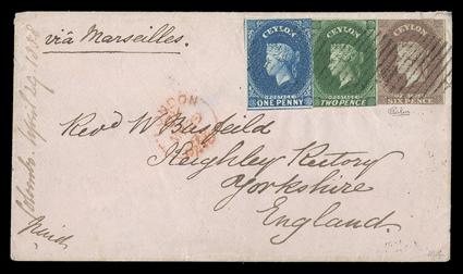 1858 (9 Apr.) envelope to Yorkshire, marked via Marseilles, bearing 6d. purple-brown (just into at top, touched at foot) and 1857-59 1d. blue and 2d. green, all cancelled by
oval of bars, showing red London Paid c.d.s. (29.5) alongside and