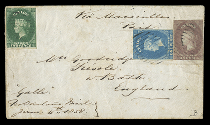 1858 (4 June) envelope to Bath, marked Via Marseilles, bearing 6d. purple-brown (just clear to good margins) and 1857-59 1d. blue and 2d. green (both touched in places), all
cancelled by oval of bars and showing, on reverse, gallesteam