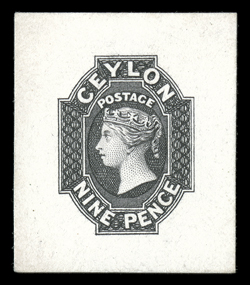 9d. black on India paper backed on card (32x38mm.), fine. Very rare.