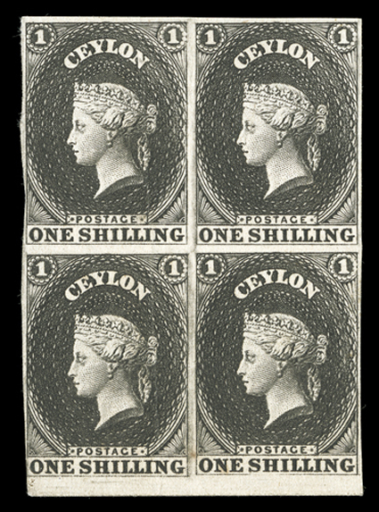 1- black on wove paper, a block of four with small sheet margin at foot, [224-225236-237], the left-hand pair with pressed vertical crease barely affecting
appearance.