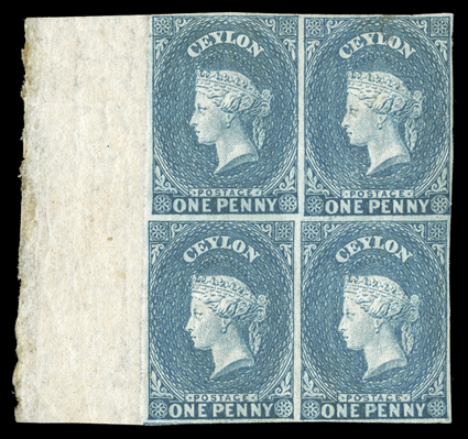 1d. deep turquoise-blue, a block of four with full sheet margin at left, unused with large part original gum, some minor gum creasing, tone spots on reverse and the upper
right stamp with small thin and stain at top, otherwise fine and of good co