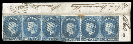 1d. blue horizontal strip of six with mainly small to good margins, affixed to piece, each neatly cancelled by oval of bars, three with small stains. A scarce multiple. Sc. 3a
S.G. 2a.
