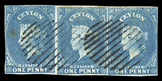 1d. blue strip of three, pair and seven singles (one with re-entry) in a range of shades, virtually all with four margins and in generally fine condition. A useful lot. Sc.
33a S.G. 22a.