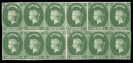 2d. green, a block of twelve with large part original gum, just touched at left center, otherwise good to large margins all round, the lower row with horizontal crease which
slightly breaks the surface on the center pair, a trifle wrinkled elsewh