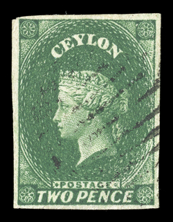 2d. green, five singles in slightly differing shades, all with four margins and lightly cancelled by oval of bars, generally fine. Sc. 4 S.G. 3, £300.