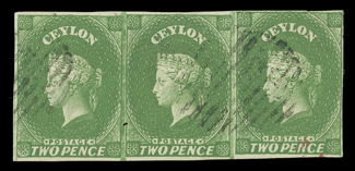 2d. yellowish green, a strip of three with small to good margins, lightly cancelled by oval of bars, pressed crease and tiny hole between first and second stamps though a
scarce multiple and in a lovely shade. Sc. 4a S.G. 3a.