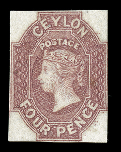 4d. dull rose, unused with large part original gum, small to good margins on three sides, outer frameline touched at right, lovely strong rich color, one of the finest we have
seen. A very fine example of one of the major British Colonial classic