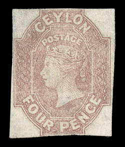 4d. dull rose, unused without gum, outer frameline touched at top and cut-into at foot, color a little faded though a presentable example of this major rarity. R.P.S.
Certificate (1987) states ironed out crease and soiled. Sc. 5 S.G. 4, £70,00