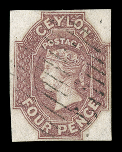 4d. dull rose, good to large margins, lightly cancelled by oval of bars, excellent strong color. A very fine example of this rare stamp. R.P.S. Certificate (1971). Sc. 5 S.G.
4, £4500.