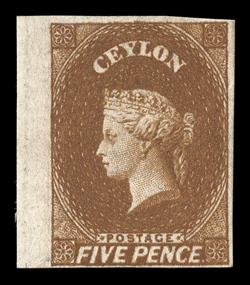 5d. chestnut, unused with large part original gum, small to large margins on three sides, part sheet margin at left, deep rich color, fine. R.P.S. Certificate (1994). Sc. 6
S.G. 5, £1500.