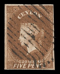 5d. chestnut, with good to large margins, centrally cancelled by oval of bars, fine. R.P.S. Certificate (1970). Sc. 6 S.G. 5, £150.