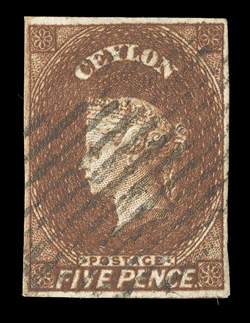 5d. chestnut, two examples, one a much deeper and richer impression, both with good to large margins and cancelled by oval of bars, fine. Sc. 6 S.G. 5, £300.