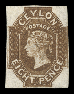 8d. brown, unused with small part original gum, clear to large margins and of good color thin spot towards top and pressed central vertical crease, nevertheless a presentable
example of this rarity. A. Diena Certificate (1963). Sc. 8 S.G. 7, £2