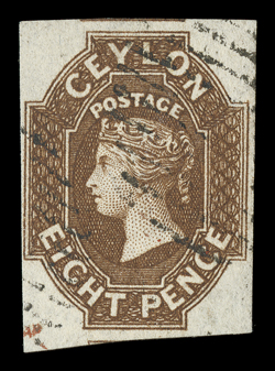 8d. brown with small to large margins, lightly cancelled by oval of bars, fine. A choice used example of this difficult stamp. R.P.S. Certificate (1989). Sc. 8 S.G. 7,
£1500.provenance: Dale-Lichtenstein, February 1969