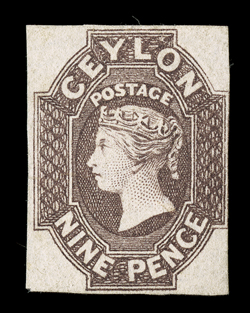 9d. purple-brown with marginal watermark, unused without gum, good margins on three sides, outer frameline touched at right, two tiny thin spots otherwise fine. A most
desirable example of this major rarity. B.P.A. Certificate (1994). Sc. 9 S.G.