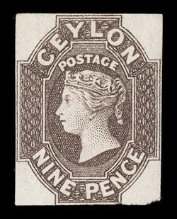 9d. purple-brown, unused without gum, small margins on three sides, outer frameline touched at foot, tiny thin spot at foot, otherwise fine. An extremely rare stamp in unused
condition. R.P.S. Certificate (1953). Sc. 9 S.G. 8, £55,000. proven