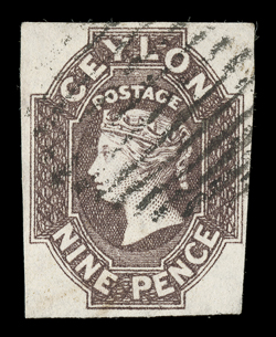 9d. purple-brown with good to large margins, cancelled by oval of bars, fine. A choice example of this scarce stamp. Sc. 9 S.G. 8, £900.