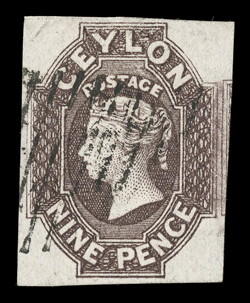 9d. purple-brown with good to large margins showing portion of adjoining stamp at right, cancelled by oval of bars, very fine. B.P.A. Certificate (1987). Sc. 9 S.G. 8,
£900.