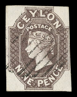 9d. purple-brown with large margins on three sides, outer frameline cut into at right, cancelled by oval of bars, fine. R.P.S. Certificate (1963). Sc. 9 S.G. 8,
£900.