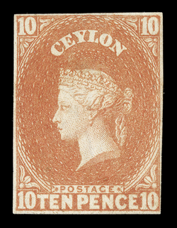 10d. dull vermilion with close to mainly good margins, unused without gum, fine. Sc. 10 S.G. 9, £850.