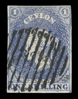 1- slate-violet with re-entry, good to large margins, cancelled by oval of bars, very good color, fine. Sc. 11 S.G. 10, £200.