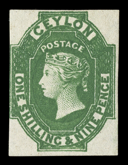 19d. green with good to large margins on three sides, frameline shaved at left, unused with traces of disturbed gum, good color with a yellowish tinge, fine. B.P.A.
Certificate (1956). Sc. 12 S.G. 11, £800.