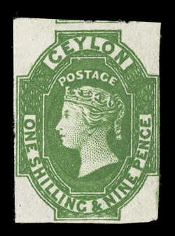 19d. yellow-green with small to good margins on three sides showing portion of adjoining stamp at top, very close to frameline at right, unused without gum. A fine example of
this rare and delicate shade. R.P.S. Certificate (1967). Sc. 12a S.G.