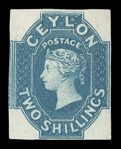 2- dull blue with small to large margins showing portion of adjoining stamp at left, unused without gum, good color, fine. A choice example of this rare stamp. R.P.S.
Certificate (1959). Sc. 13 S.G. 12, £6000.