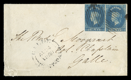 1858 (22 Aug.) envelope from Ratnapoora to Galle, bearing 1d. deep turquoise-blue (2, one with four margins, the other with three margins) each cancelled with oval of bars,
showing gallepost paid c.d.s. (24.8) and, on reverse, circular <