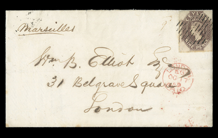 1858 (19 Sept.) envelope from Kandy to London, marked Marseilles, bearing 9d. purple-brown (outer frame-line touched on two sides) tied by oval of bars, showing red London
Paid arrival datestamp (17.10) alongside with, on reverse, red k