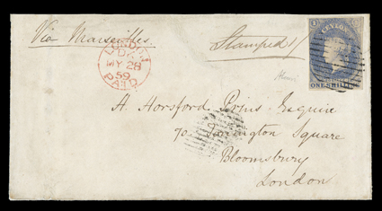 1859 double rate envelope to London, marked Via Marseilles, bearing 1- slate-violet with good to large margins and strong color, tied by oval of bars and showing red London
Paid arrival (28.5) datestamp the envelope with top flap which do