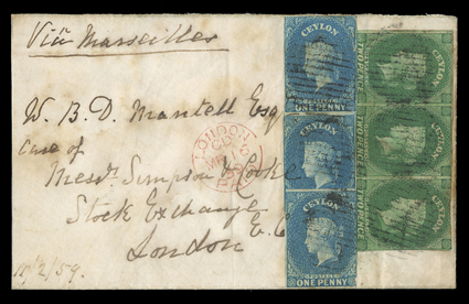 1859 (11 Feb.) envelope from Matale? to London, marked Via Marseilles, bearing 1d. deep turquoise-blue vertical strip of three and 2d. green horizontal strip of three (both
touched or cut-into in places), each cancelled by oval of bars, sho