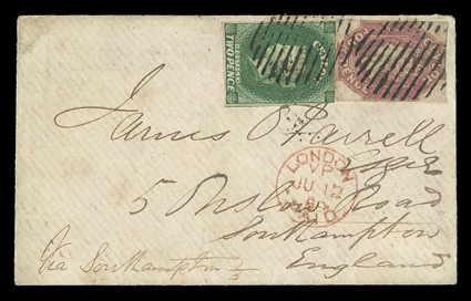 1859 (6 May) envelope from Colombo to Southampton, bearing 2d. green (just into at top) and 4d. dull rose (touched or just-into in places), both placed sideways and cancelled
by oval of bars, showing London Paid c.d.s. alongside and, on reverse,