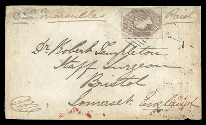 1859 (14 May) envelope from Kandy to Bristol, marked Via Marseilles, bearing 9d. purple-brown with small to large margins placed sideways and clearly tied by oval of bars,
showing despatch and arrival (5.7) datestamps on reverse the 9d. so
