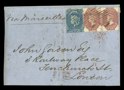 1859 (June) front and small part back ex Gordon correspondence from Kandy to London, marked Via Marseilles, bearing two 4d. dull rose (one with close to large margins, the
other just-into at right), both of lovely rich color, and 1d.