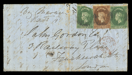 1859 (July) entire letter from Matelle Via Marseilles Paid 9d to London, bearing 2d. green (2, one defective) and 5d. chestnut (clear to large margins) each cancelled with
oval of bars, London paid c.d.s. (11.8) below, the reverse with circ