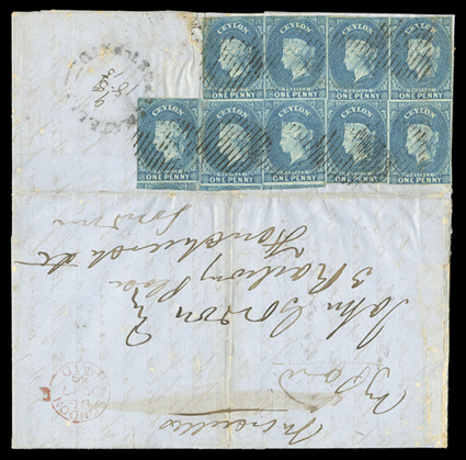 1859 (15 Sept.) entire letter from Matale to London, marked Via Marseilles and bearing, on reverse, 1d. deep turquoise-blue irregular block of nine (touched or cut into in
places and showing portions of three adjoining stamps at foot, each