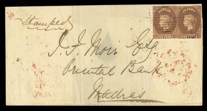 1859 (16 Sept.) double rate entire from Kandy to Madras, bearing 5d. chestnut pair (touched or cut-into in places) tied by oval of bars and showing, on reverse, red kandypost
paid, kandysteamer letter and arrival (22.9) datestam