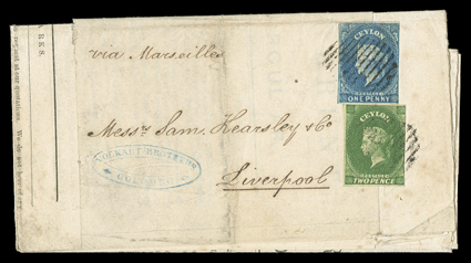 1859 (29 Oct.) wrapper, enclosing a copy of the export price current, from Colombo to Liverpool, marked via Marseilles, bearing 1d. deep turquoise-blue and 2d. green (both
touched on one side) clearly tied by oval of bars and showin