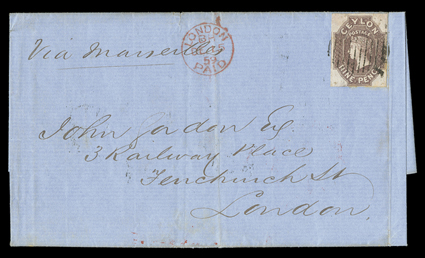 1859 (Nov.) entire ex Gordon correspondence from Kandy to London, marked Via Marseilles, bearing 9d. purple-brown with small to large margins, cancelled by oval of bars,
showing red London Paid c.d.s. (15.12) with, on reverse, red 