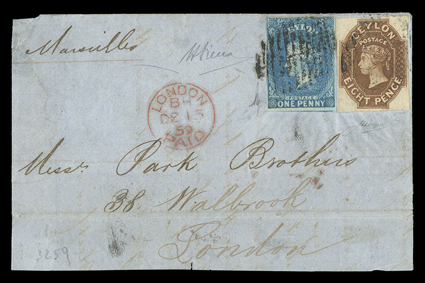 1859 (17 Nov.) large part front and part back from Colombo to London, marked Marseilles, bearing 1d. blue and 8d. brown, both with good to large margins, cancelled by oval of
bars and showing red London Paid arrival datestamp (15.12) alongs
