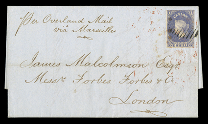 1860 (16 Jan.) double rate entire letter from Colombo to London, marked Per Overland Mail via Marseilles, bearing 1- slate-violet with small to large margins on three sides,
touched at right, strong color, tied by oval of bars and showing,