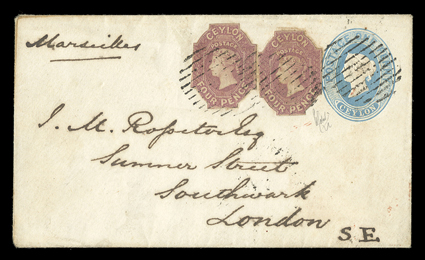 1860 (14 Feb.) 1d. stationery envelope from Kandy to London, marked Marseilles and uprated with two cut-to-shape 4d. dull rose of lovely deep color, clearly tied by oval of
bars and showing, on reverse, kandypost-paid in red, k