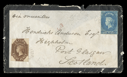 Q1860 (28 Feb.) mourning envelope from Pusilawe to Glasgow, marked via Marseilles, bearing 1d. deep turquoise-blue (touched at top and at left) and 8d. brown (outer frameline
touched on two sides), both clearly tied by light oval of bars, s