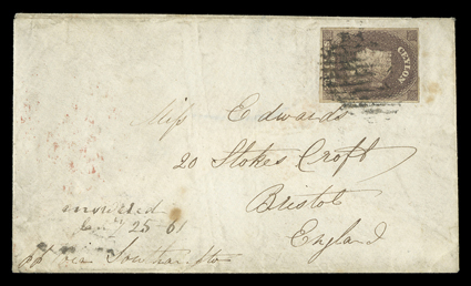 1860 (9 July) envelope from Galle to Bristol, marked Via Southampton, bearing 6d. brown with large margins placed sideways and tied by oval of bars, showing red gallesteamer
letter and arrival (10.8) datestamps on reverse the enve